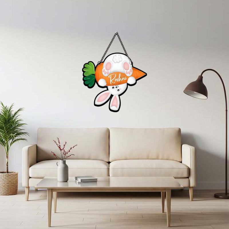Personalized Bunny With Carrot Wall Hanging  Kids Bedroom Wall Art | Birthday Gift For Kids  Cute Rabbit Wall Art Decor For Bedroom, Living Room